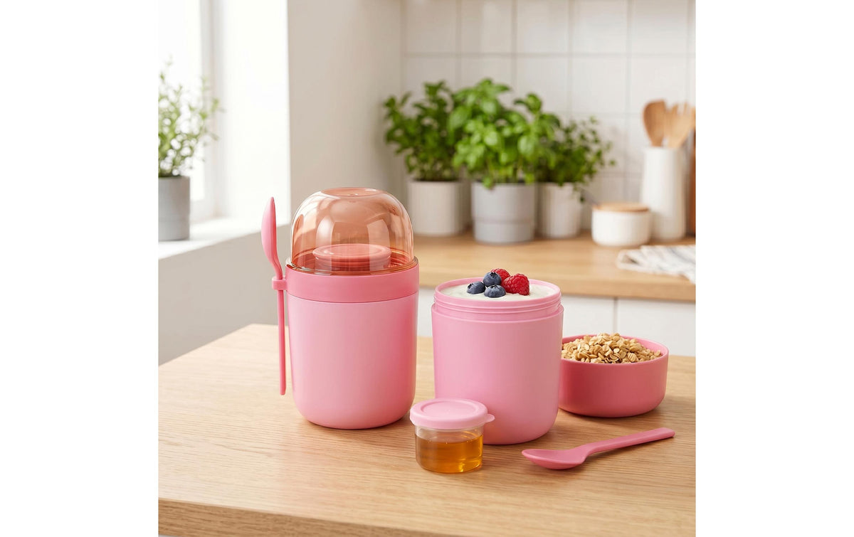 Relaxdays Müslibecher to go – 4er Set, 400 ml, Kunststoff/Silikon, Rosa, spülmaschinenfest, mikrowellenfest