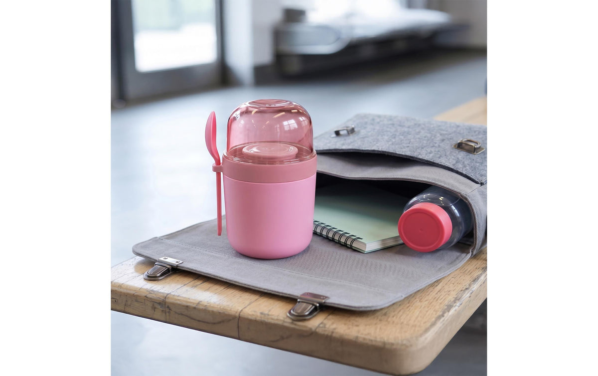 Relaxdays Müslibecher to go – 4er Set, 400 ml, Kunststoff/Silikon, Rosa, spülmaschinenfest, mikrowellenfest