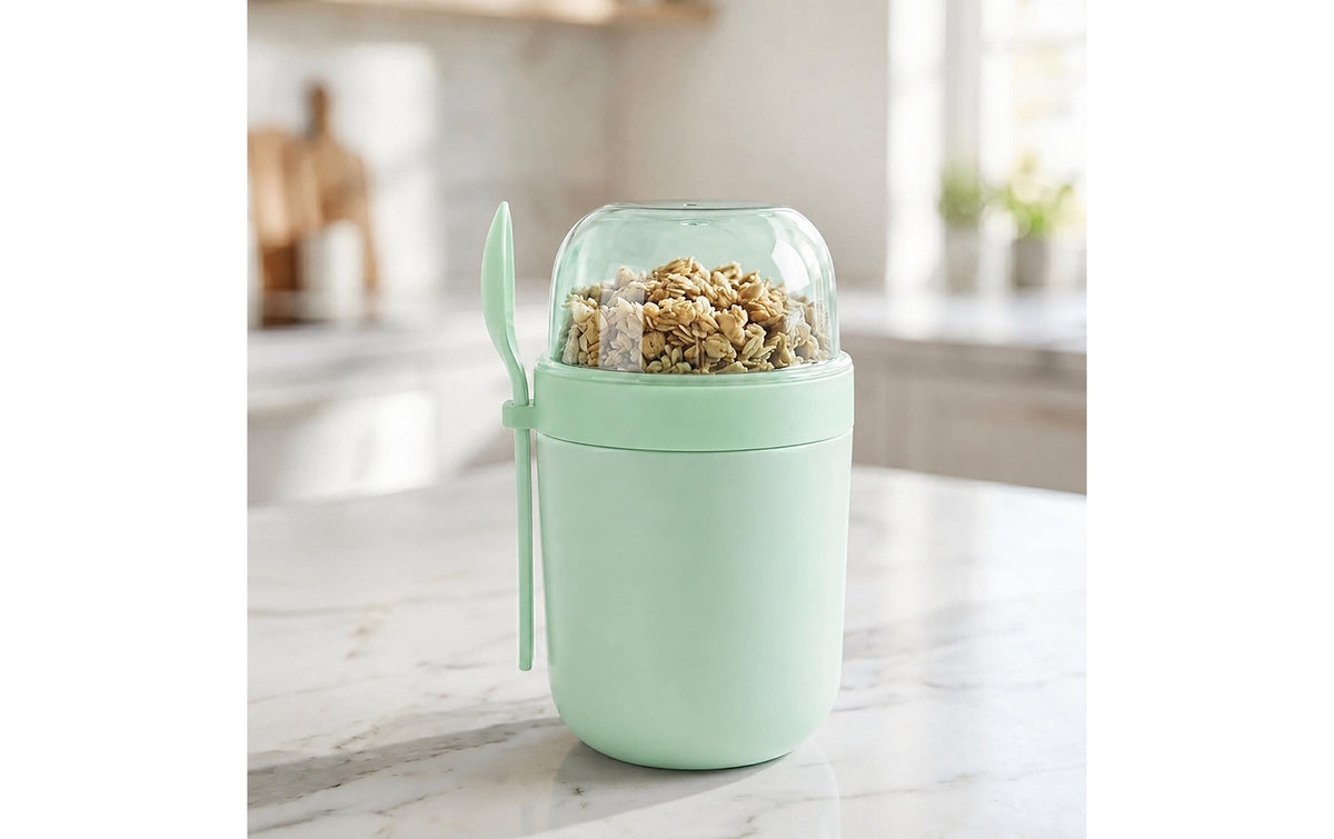 Relaxdays Müslibecher to go – 4er Set, 400 ml, 11 × 9,5 × 16 cm, Kunststoff/Silikon, BPA-frei