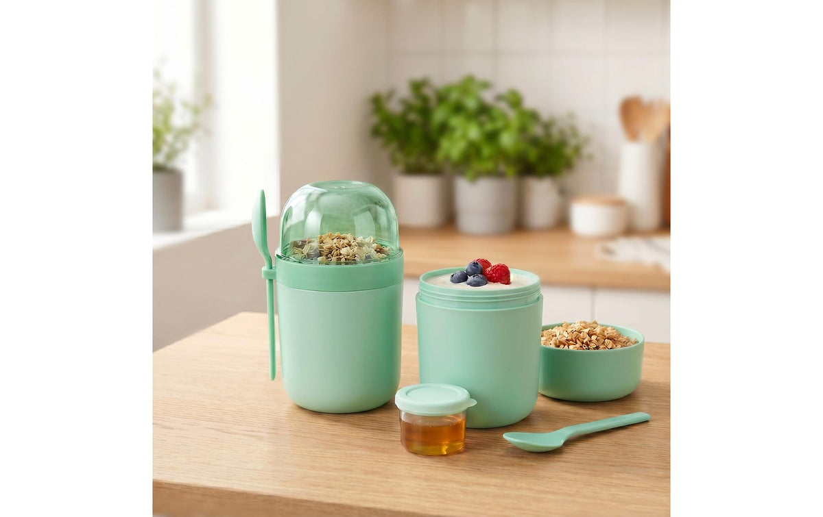 Relaxdays Müslibecher to go – 4er Set, 400 ml, 11 × 9,5 × 16 cm, Kunststoff/Silikon, BPA-frei