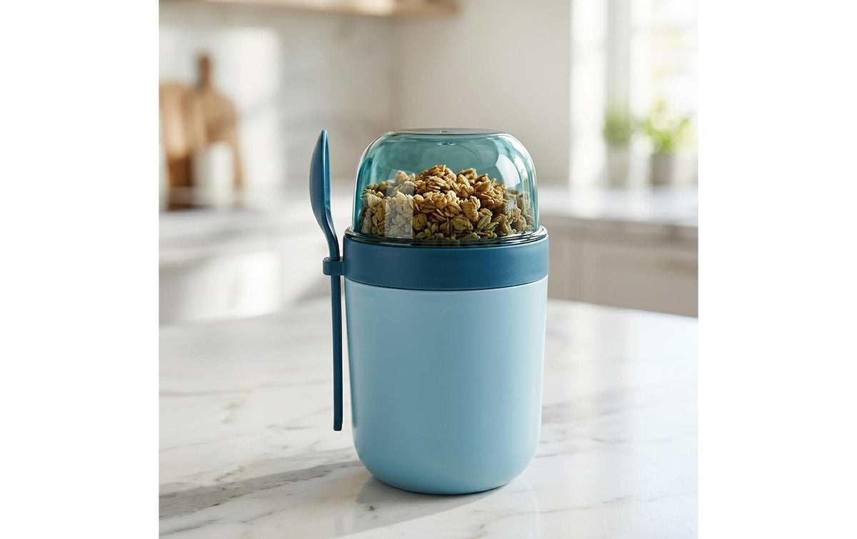 Relaxdays Müslibecher to go – 4er Set, 400 ml, Kunststoff/Silikon, Blau, spülmaschinenfest, BPA-frei