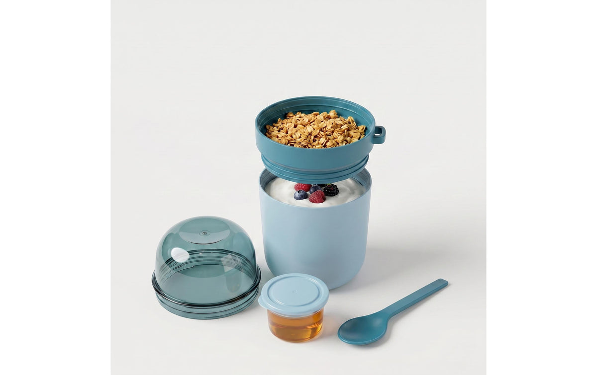 Relaxdays Müslibecher to go – 4er Set, 400 ml, Kunststoff/Silikon, Blau, spülmaschinenfest, BPA-frei