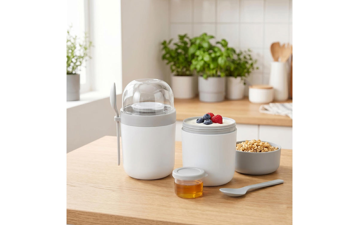 Relaxdays Müeslibecher to go – 4er Set, 400 ml, 11 × 9,5 × 16 cm, Kunststoff (PP)/Silikon