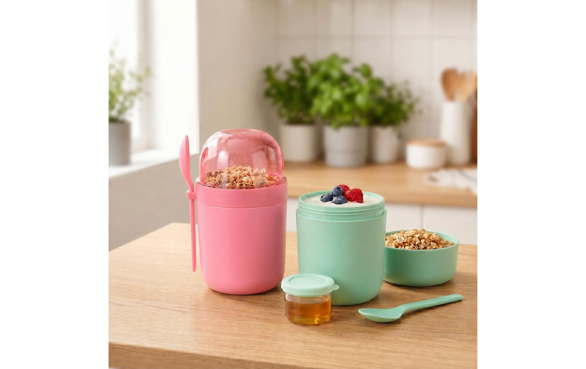 Relaxdays Müslibecher to go – 4er Set, 400 ml, Kunststoff/Silikon, spülmaschinenfest, BPA-frei