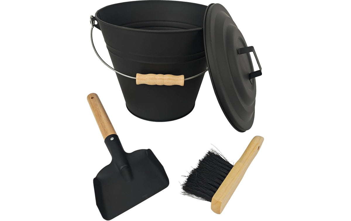 Relaxdays Standascher – Eisen/Holz, rund – braun/schwarz – mit Deckel, Feger & Schaufel – Ø 20 cm × 25,5 cm