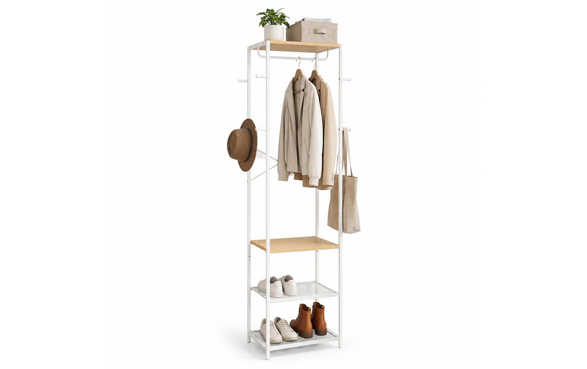 Relaxdays Garderobenständer – Stahl/MDF, Weiss/Braun, 40 × 28 × 181 cm