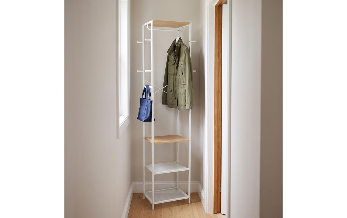 Relaxdays Garderobenständer – Stahl/MDF, Weiss/Braun, 40 × 28 × 181 cm