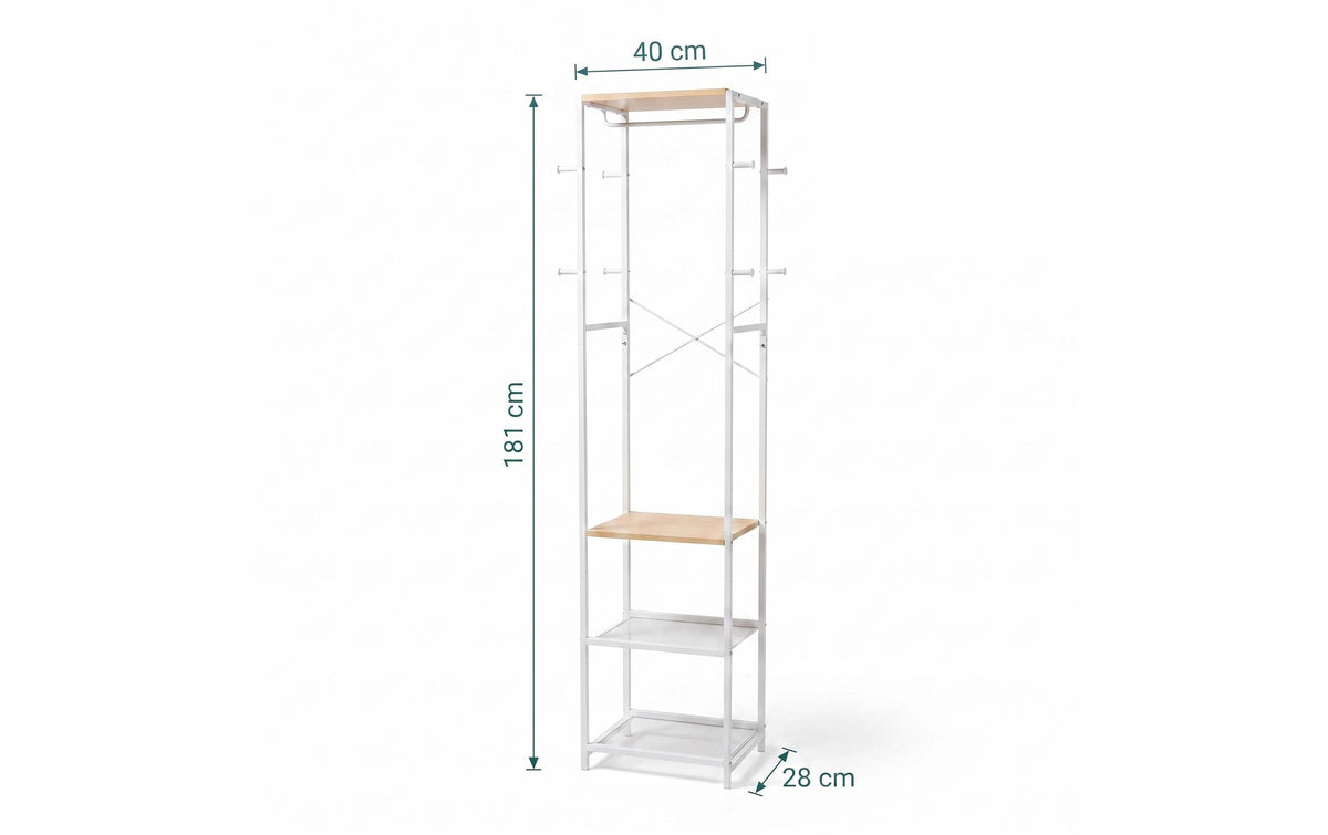 Relaxdays Garderobenständer – Stahl/MDF, Weiss/Braun, 40 × 28 × 181 cm
