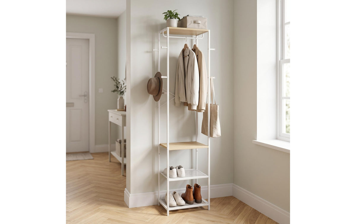 Relaxdays Garderobenständer – Stahl/MDF, Weiss/Braun, 40 × 28 × 181 cm