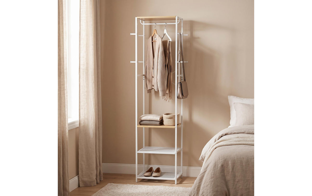Relaxdays Garderobenständer – Stahl/MDF, Weiss/Braun, 40 × 28 × 181 cm