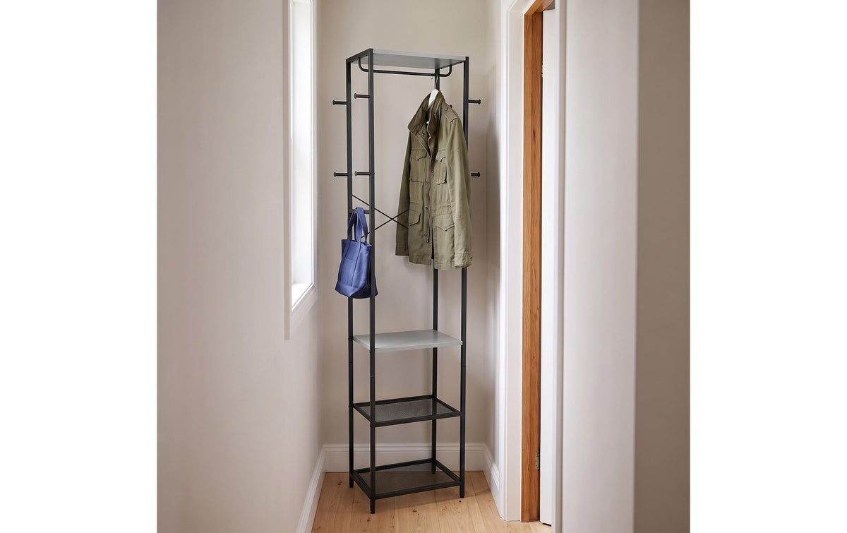 Relaxdays Garderobenständer – Stahl/MDF, Grau/Schwarz, 40 × 28 × 181 cm