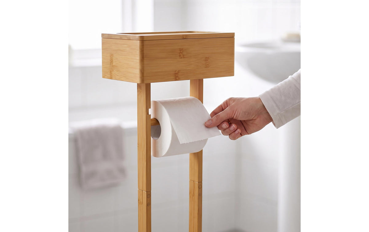 Relaxdays Toilettenpapierständer – Bambus/MDF, Braun, für 1 Rolle, 25 × 20 × 64,5 cm
