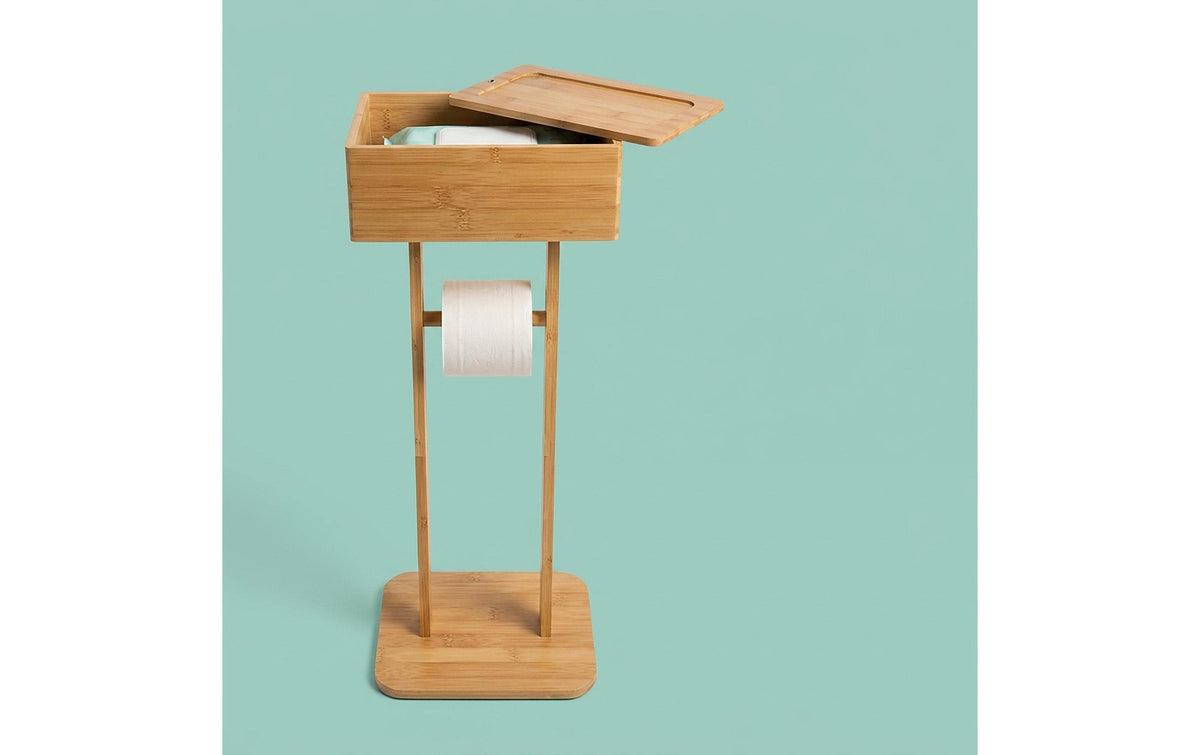 Relaxdays Toilettenpapierständer – Bambus/MDF, Braun, für 1 Rolle, 25 × 20 × 64,5 cm