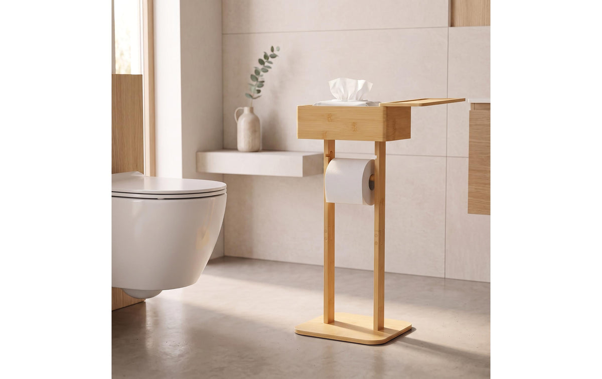 Relaxdays Toilettenpapierständer – Bambus/MDF, Braun, für 1 Rolle, 25 × 20 × 64,5 cm