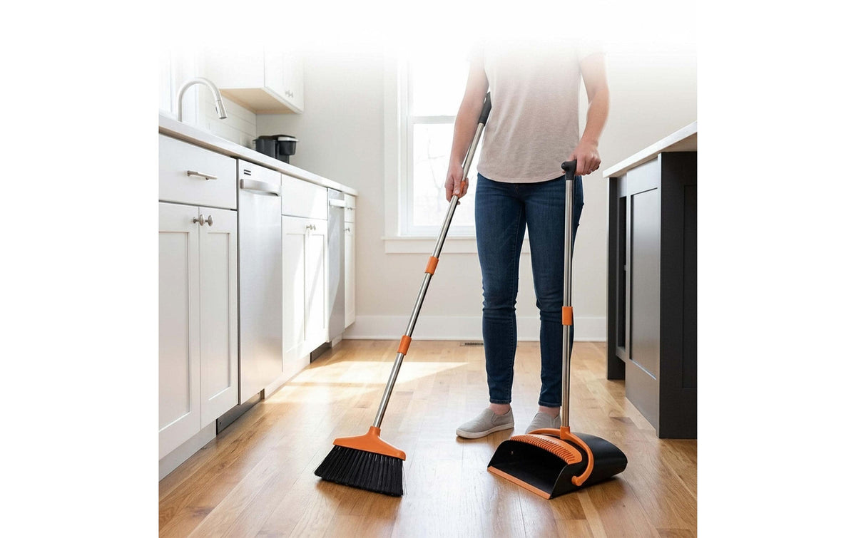 Relaxdays Kehrgarnitur – 25 cm, Edelstahl/Kunststoff, Orange/Schwarz/Silber, Teleskopstiel 124 cm