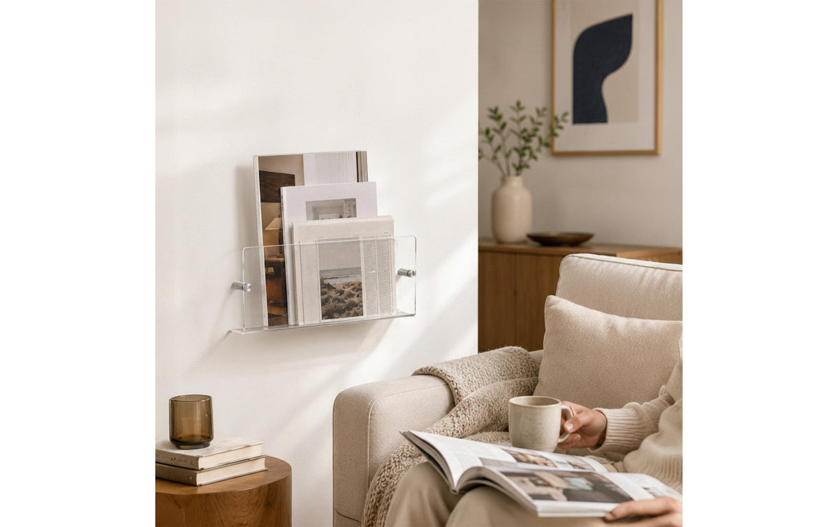 Relaxdays Zeitschriftenhalter – Wandmontage – 48 × 5,5 × 14,5 cm – Silber/Transparent