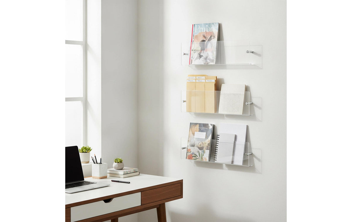 Relaxdays Zeitschriftenhalter – Wandmontage – 48 × 5,5 × 14,5 cm – Silber/Transparent