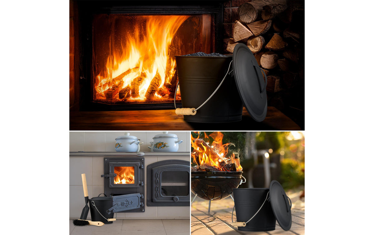Relaxdays Standascher – Eisen/Holz, rund – braun/schwarz – mit Deckel, Feger & Schaufel – Ø 20 cm × 25,5 cm