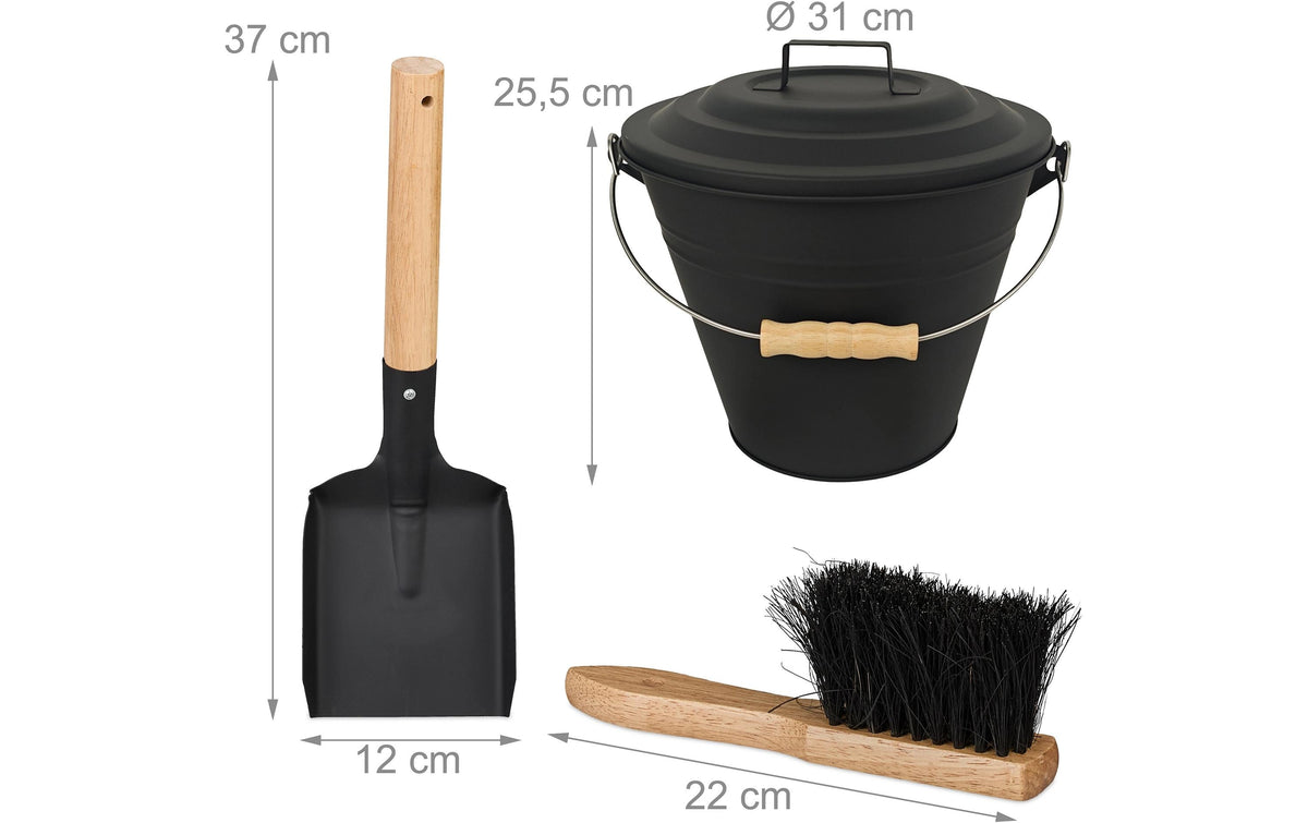 Relaxdays Standascher – Eisen/Holz, rund – braun/schwarz – mit Deckel, Feger & Schaufel – Ø 20 cm × 25,5 cm