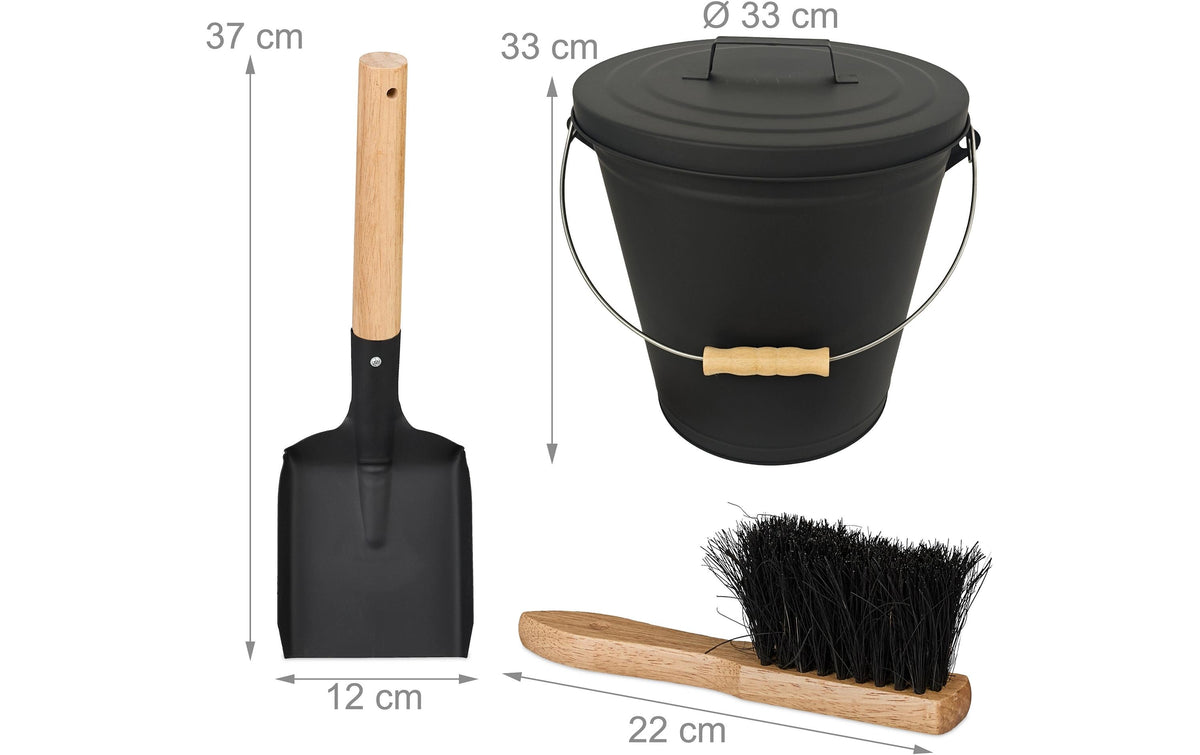 Relaxdays Aschenbehälter – mit Feger und Schaufel, Eisen/Holz, Hellbraun/Schwarz – 33,0 × 25,0 × 33,0 cm