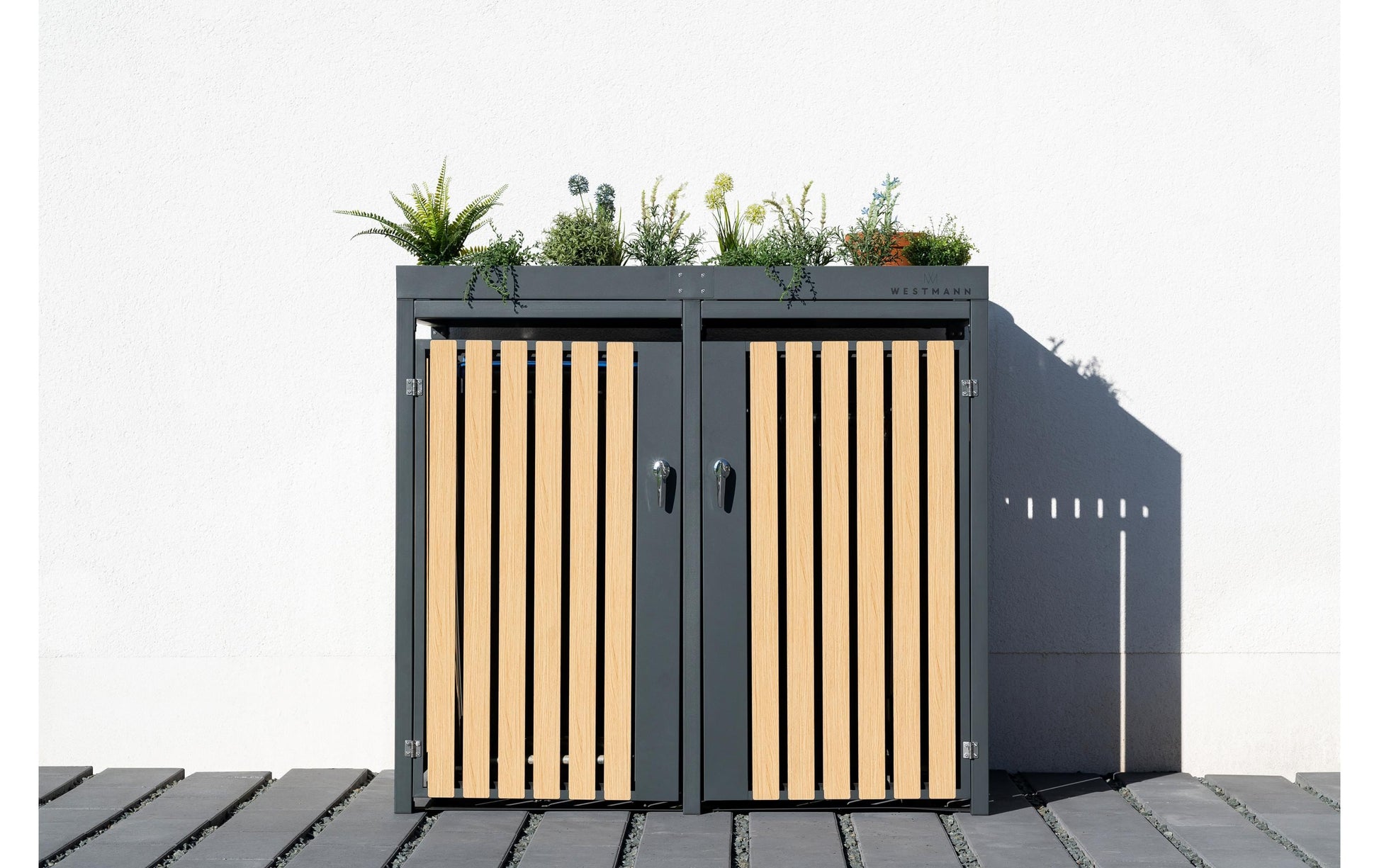 Westmann Müllcontainer Planta – 2×240 l – Stahl, rechteckig – 2-fach – Anthrazit/Braun – Witterungsbeständig