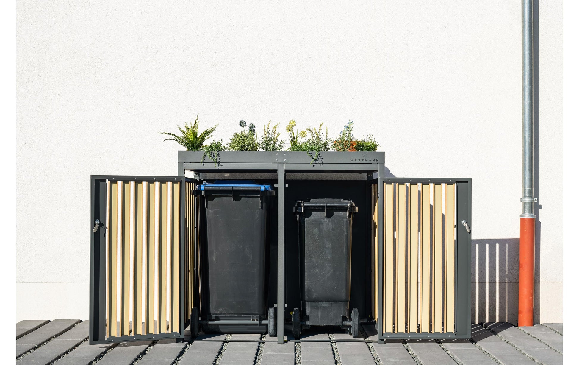 Westmann Müllcontainer Planta – 2×240 l – Stahl, rechteckig – 2-fach – Anthrazit/Braun – Witterungsbeständig