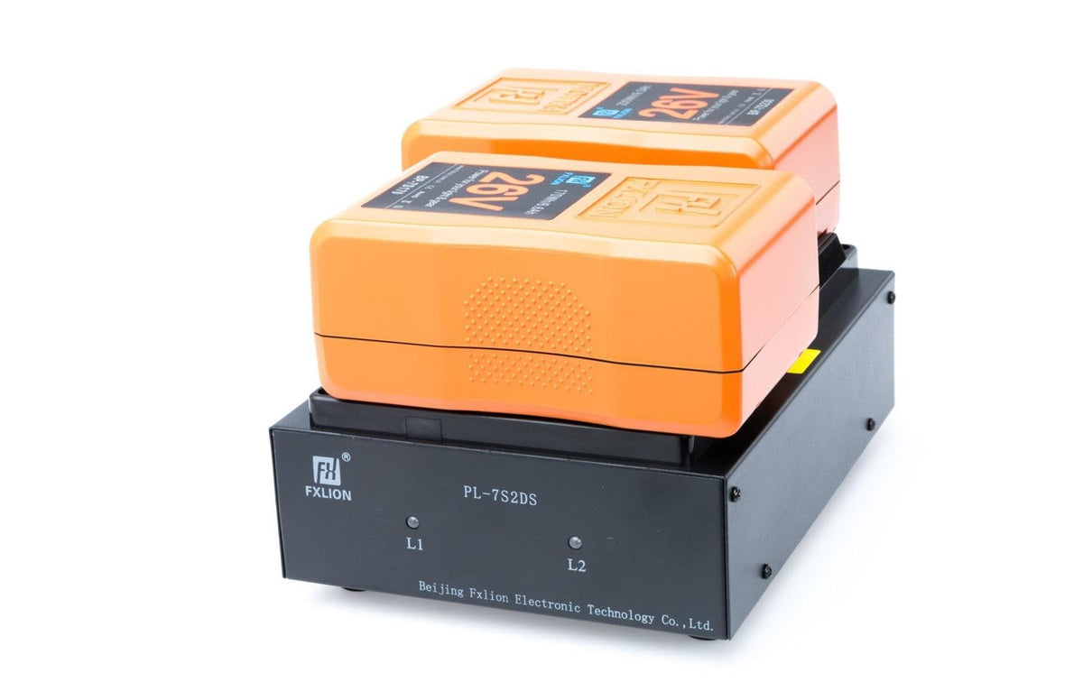 Fxlion V-Mount Akkulader – für V-Mount Akkus – 2-fach, 26 V, 2 A, DC-Eingang
