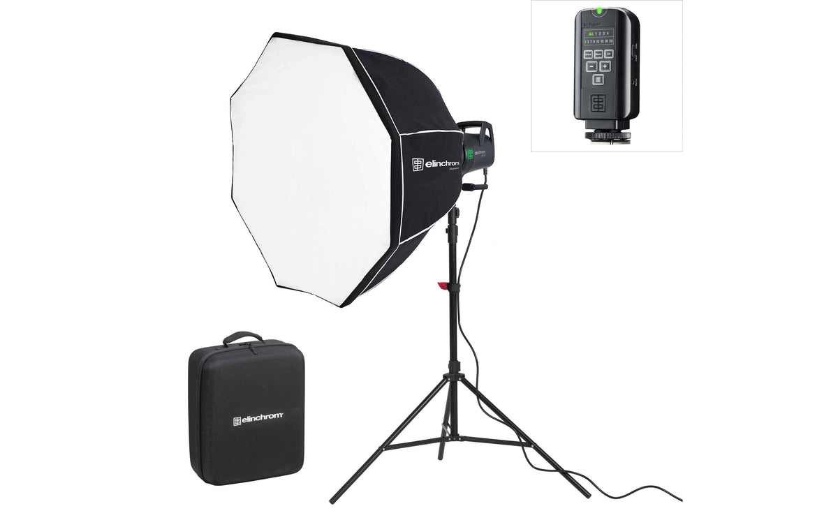 Elinchrom ELC 500 TTL Studioblitz – 500 W, 5600 K, dimmbar – für Elinchrom Skyport – 2 Softboxen, Stativ