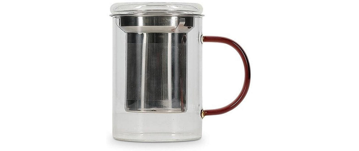 Ona Teetasse – 430 ml, Borosilikatglas, Dunkelrot/Silber, mit Deckel, mit Teesieb