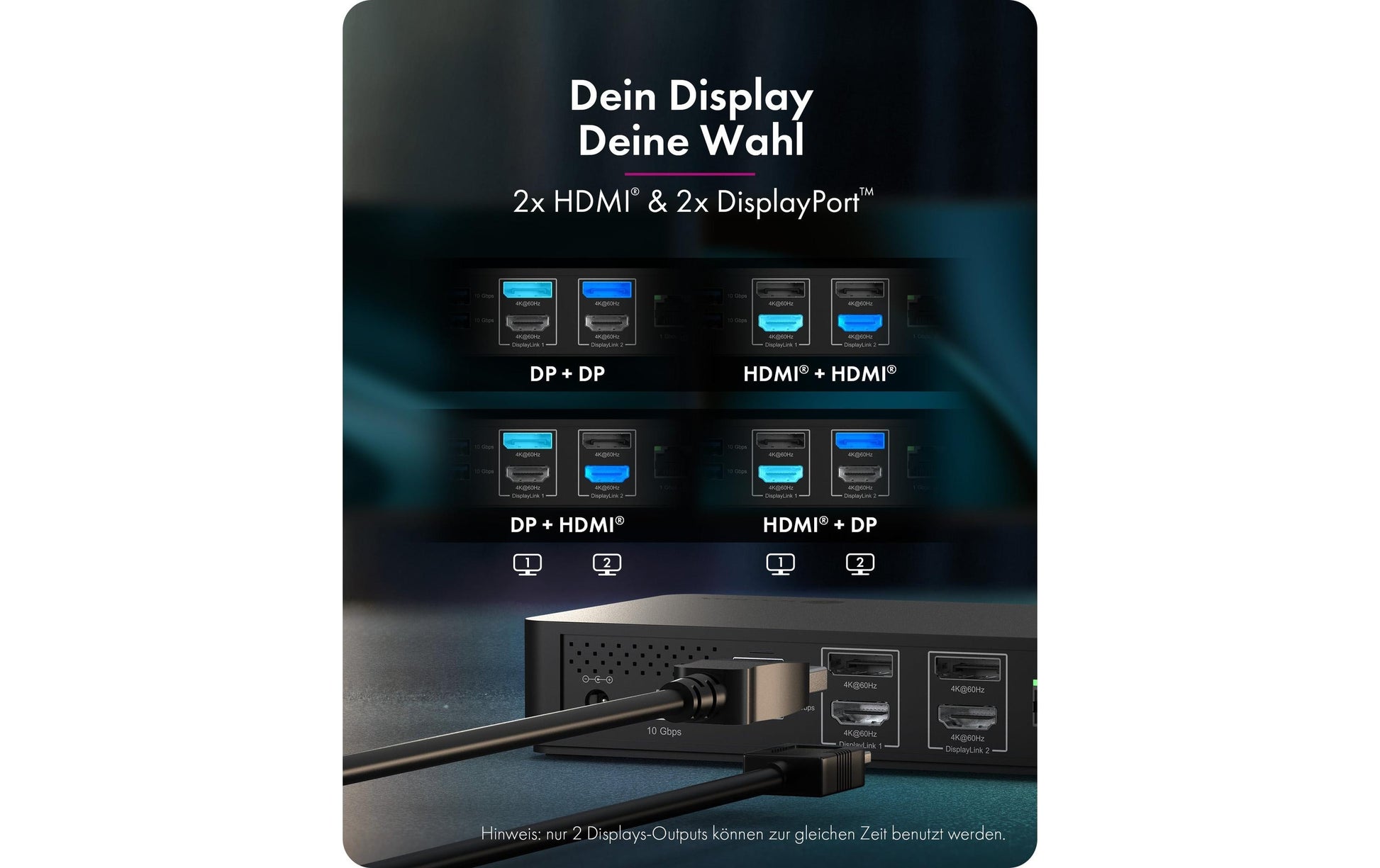 RaidSonic ICY BOX IB-DK2255AC Dockingstation – USB-C, 2× DP, 2× HDMI, 5× USB-A, 2× USB-C, 135 W PD, GbE