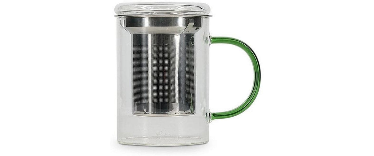 Ona Teetasse Liv – 430 ml, Borosilikatglas, Grün/Silber, mit Deckel, Edelstahlsieb