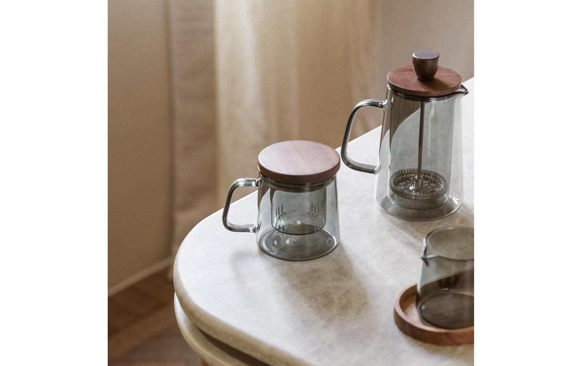 S|p collection SP Collection Teeglas Luma – 370 ml, Ø 7,8 cm × H 9,8 cm, Glas/Holz, Grau, mit Deckel, Glasfilter