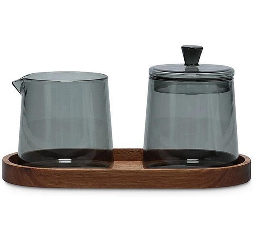 S|p collection SP Collection Milch- und Zuckerset Luma – 220 ml, Glas/Holz, Grau, spülmaschinenfest