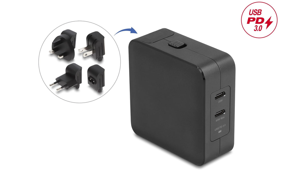 DeLOCK 41443 USB-Ladegerät 65 W – USB-C×2 – PD 3.0, GaN, Schwarz