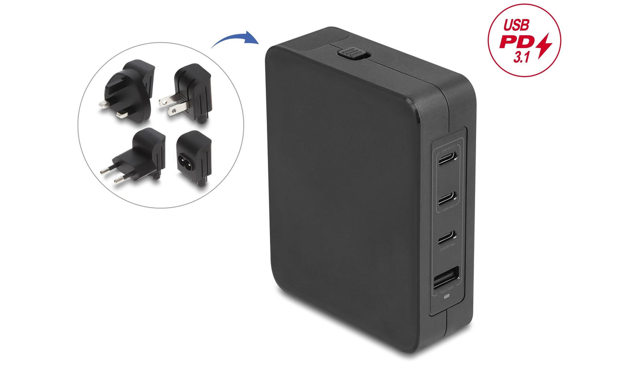 DeLOCK 41473 USB-Wandladegerät 145 W – USB-C×3, USB-A×1 – PD 3.1, GaN – für Laptop, Smartphone, Tablet