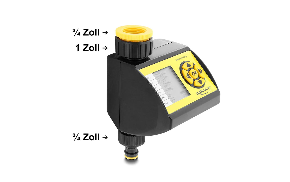 DeLOCK Bewässerungscomputer 1-Zonen – Batteriebetrieb, Betriebsdruck 3–6 bar, Bewässerungsdauer 240 min