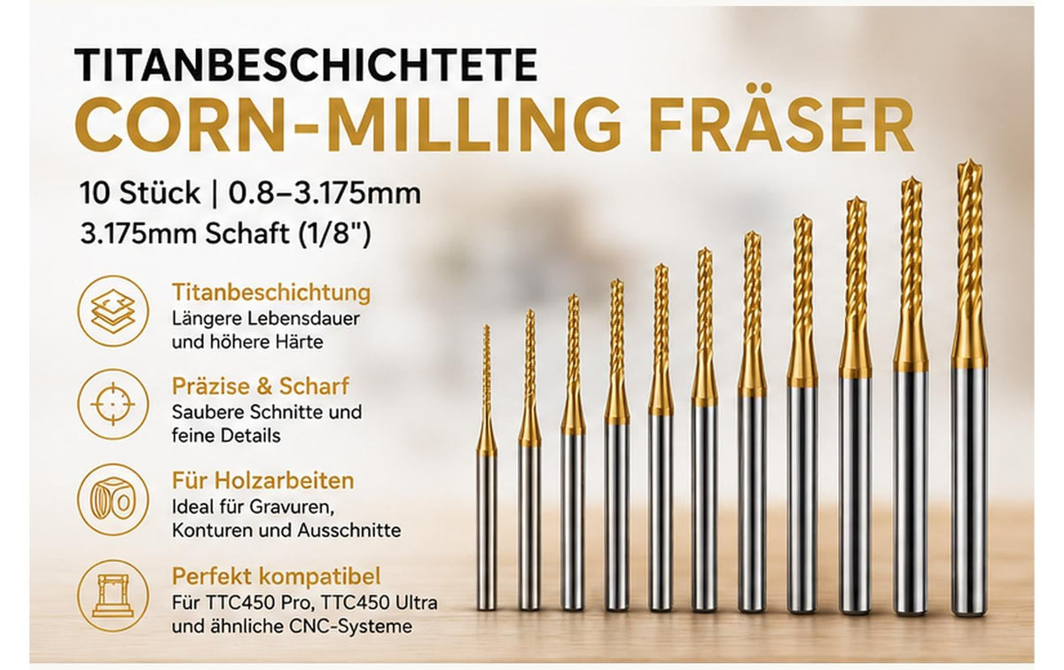 TwoTrees Fräser 0,8–3,175 mm TiN – für Holz – 10-tlg.