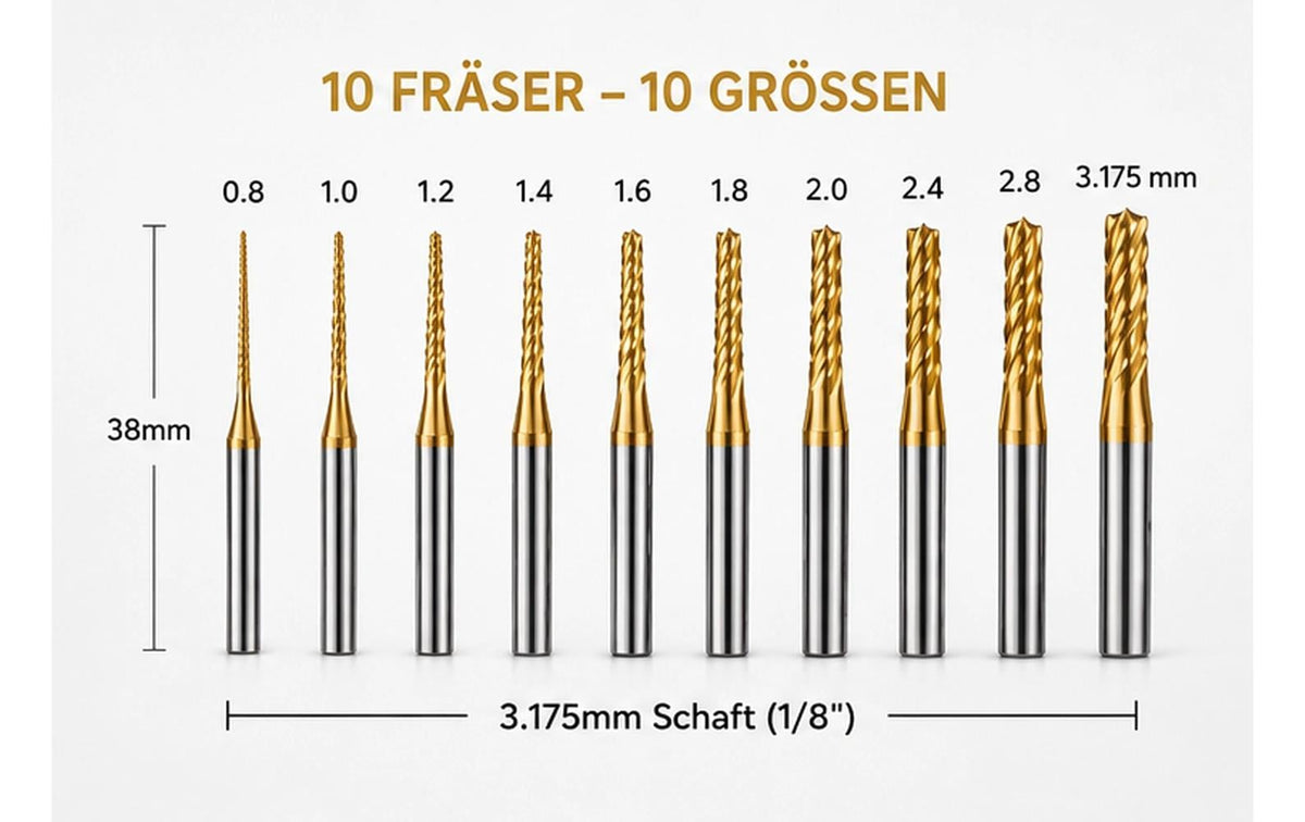TwoTrees Fräser 0,8–3,175 mm TiN – für Holz – 10-tlg.