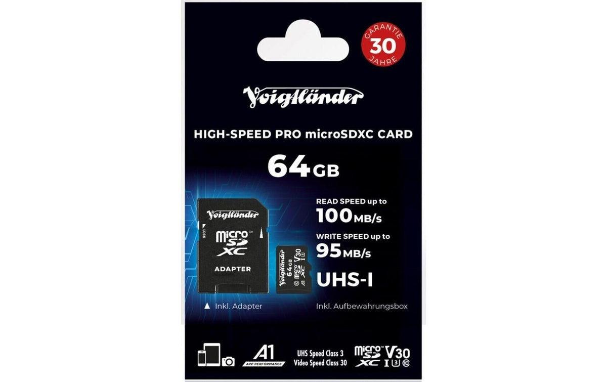 Voigtländer PRO microSDXC 64 GB – UHS-I, Klasse 10, U3, V30, A1, 100/95 MB/s, inkl. SD-Adapter