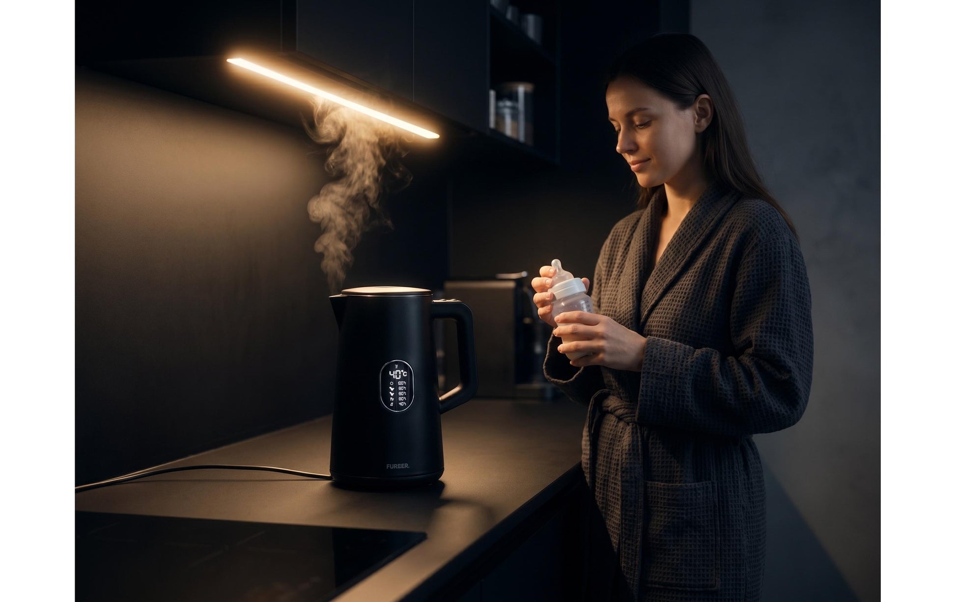 Furber Digitaler Wasserkocher, Edelstahl, Kunststoff, Temperaturwahl, Warmhaltefunktion, 1800 W, Schwarz, 360°-Sockel