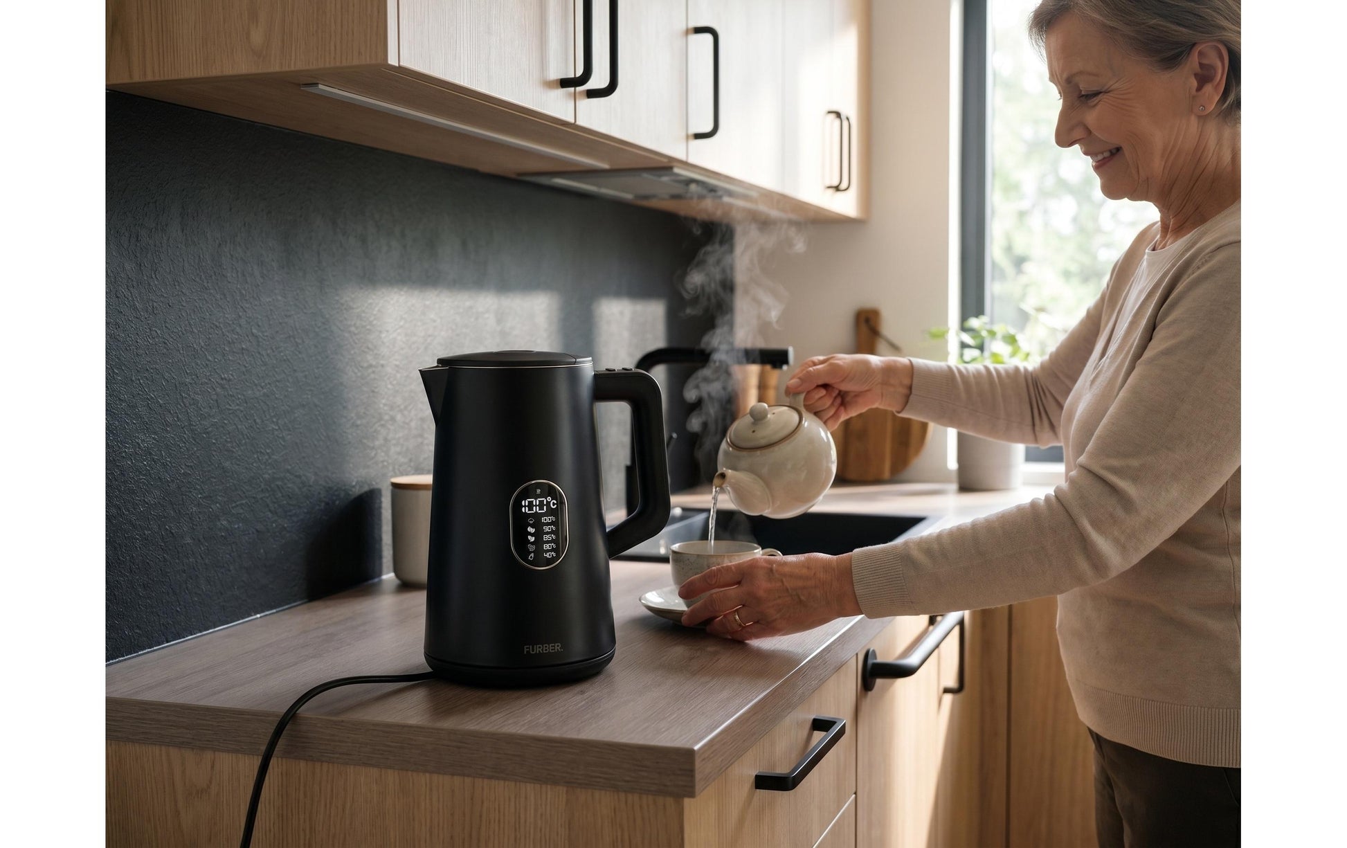 Furber Digitaler Wasserkocher, Edelstahl, Kunststoff, Temperaturwahl, Warmhaltefunktion, 1800 W, Schwarz, 360°-Sockel