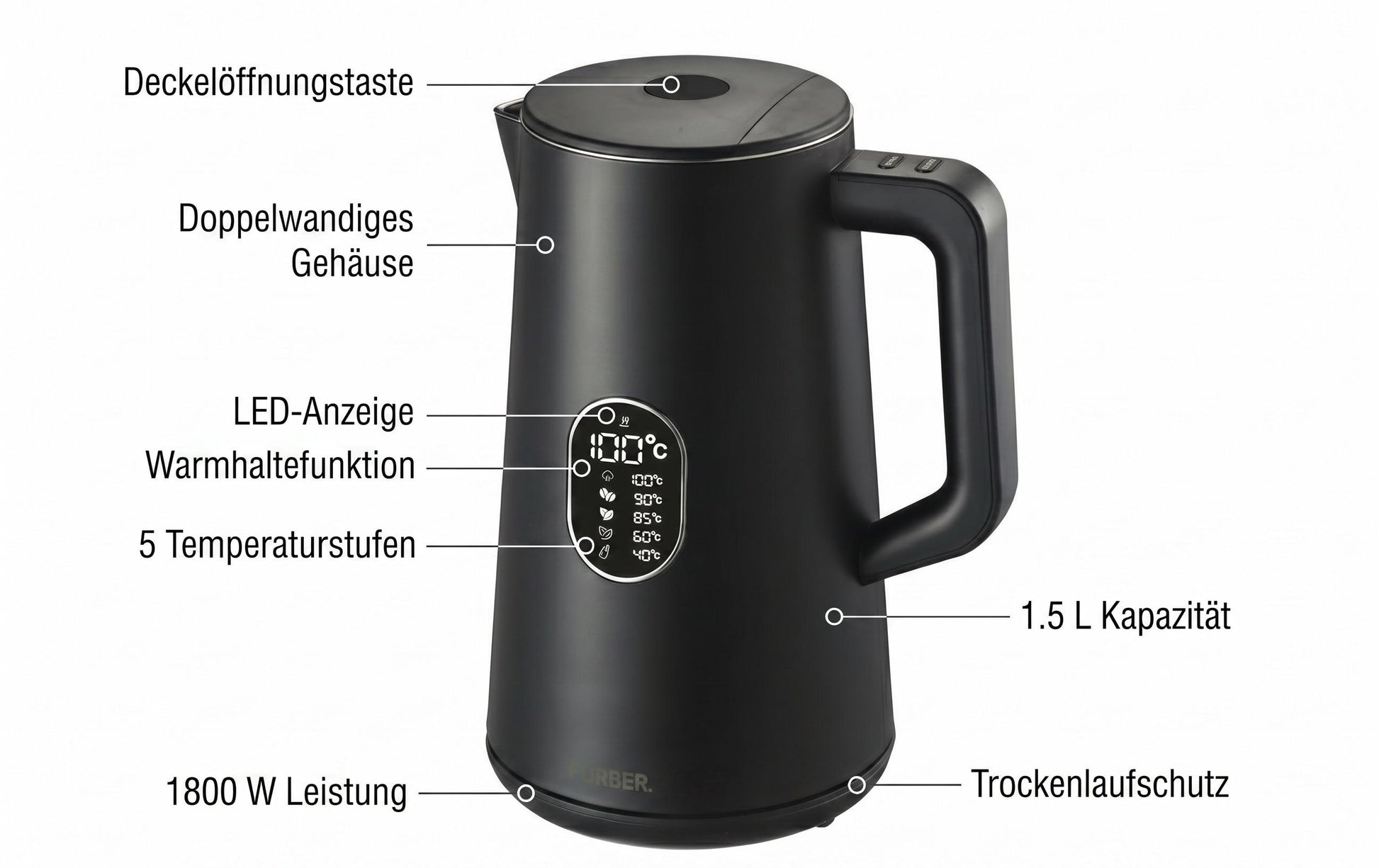 Furber Digitaler Wasserkocher, Edelstahl, Kunststoff, Temperaturwahl, Warmhaltefunktion, 1800 W, Schwarz, 360°-Sockel