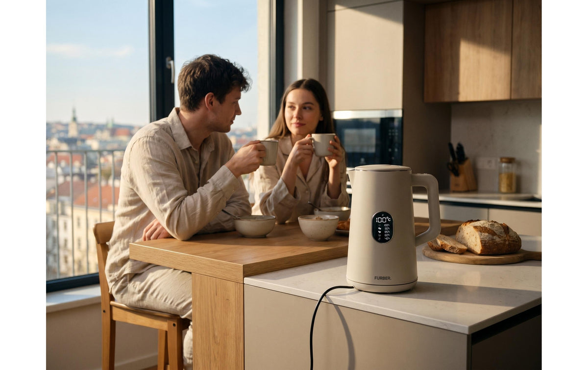 Furber Wasserkocher – 1,5 l, Edelstahl, Kunststoff, Temperaturwahl, Warmhaltefunktion, 1800 W, Beige, 360°-Sockel