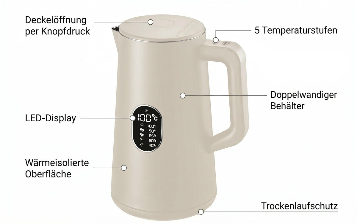 Furber Wasserkocher – 1,5 l, Edelstahl, Kunststoff, Temperaturwahl, Warmhaltefunktion, 1800 W, Beige, 360°-Sockel