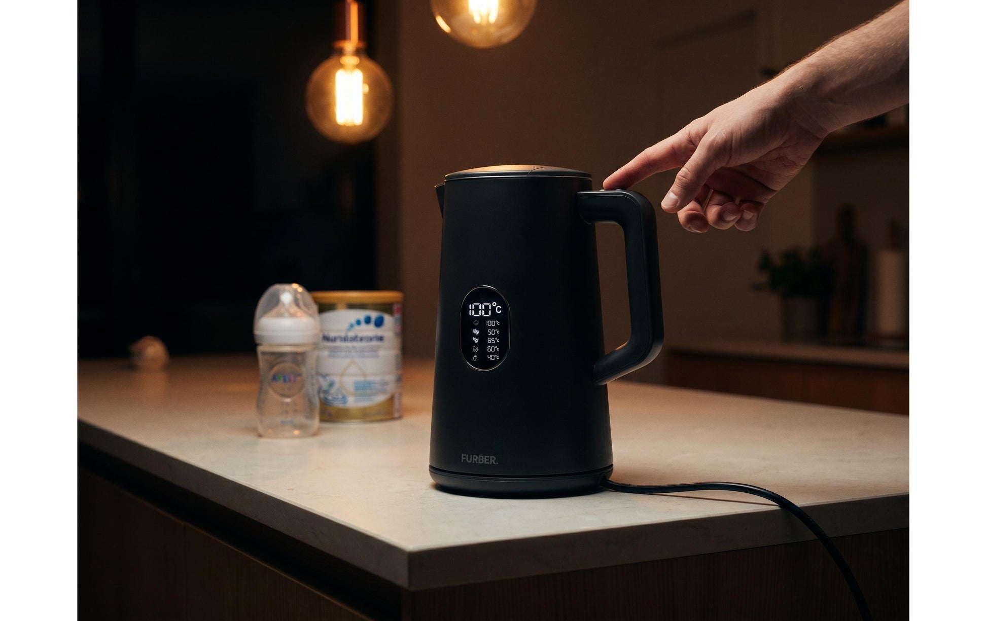 Furber Wasserkocher – 1,5 l, Edelstahl/Kunststoff, Temperaturwahl, Warmhaltefunktion, 1800 W, Grau, 360°-Sockel