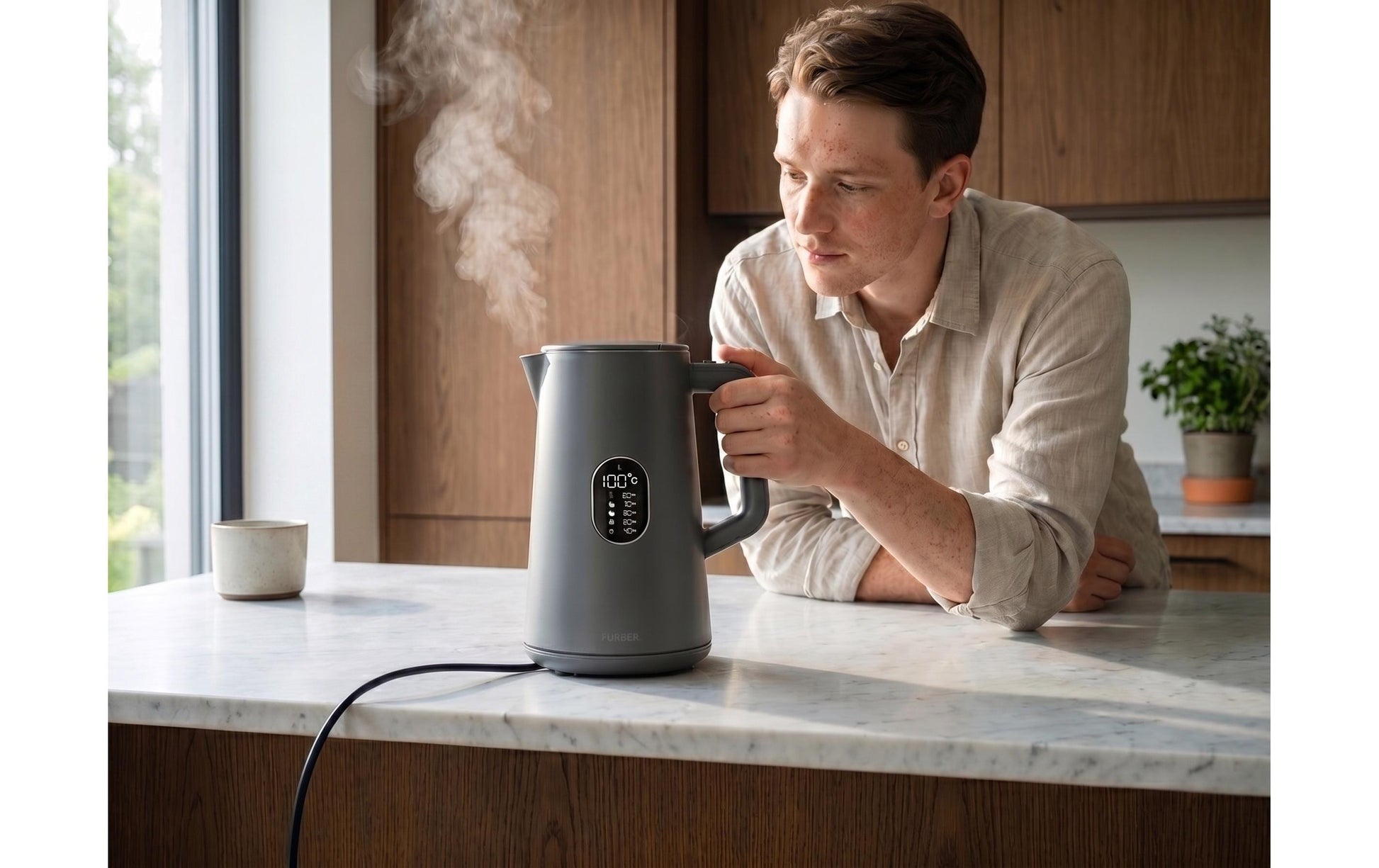 Furber Wasserkocher – 1,5 l, Edelstahl/Kunststoff, Temperaturwahl, Warmhaltefunktion, 1800 W, Grau, 360°-Sockel