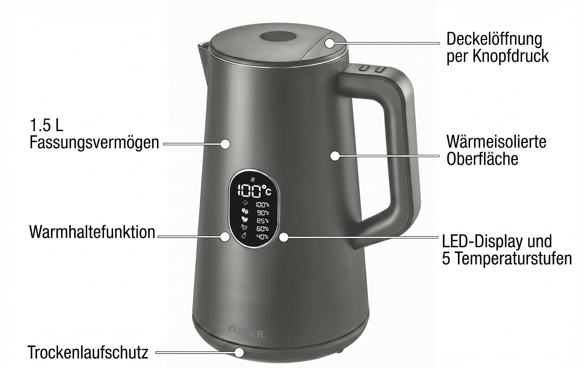 Furber Wasserkocher – 1,5 l, Edelstahl/Kunststoff, Temperaturwahl, Warmhaltefunktion, 1800 W, Grau, 360°-Sockel