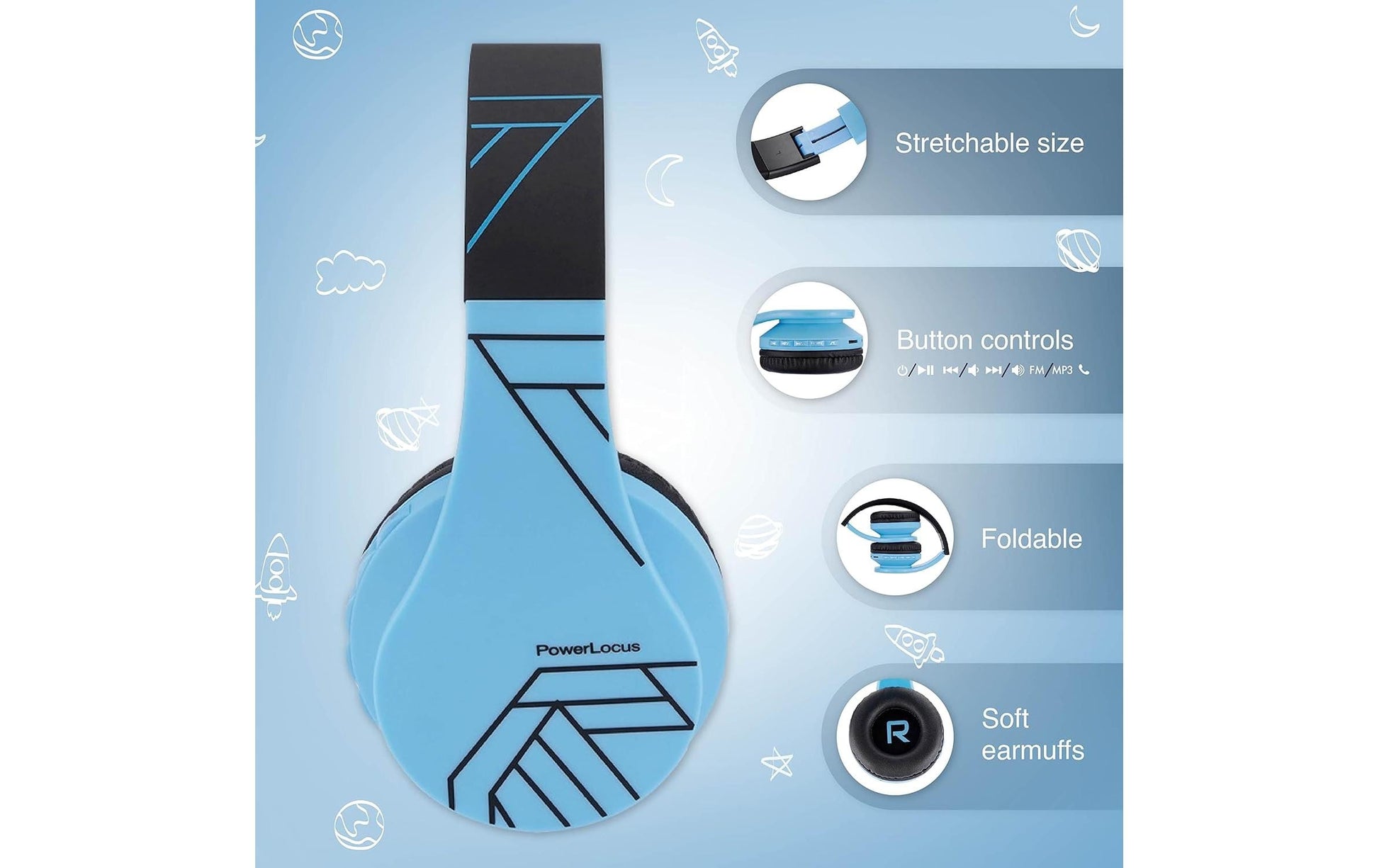 Powerlocus P1 Kinderkopfhörer – On-Ear, BT 5.3, 3,5 mm Klinke, Blau/Schwarz