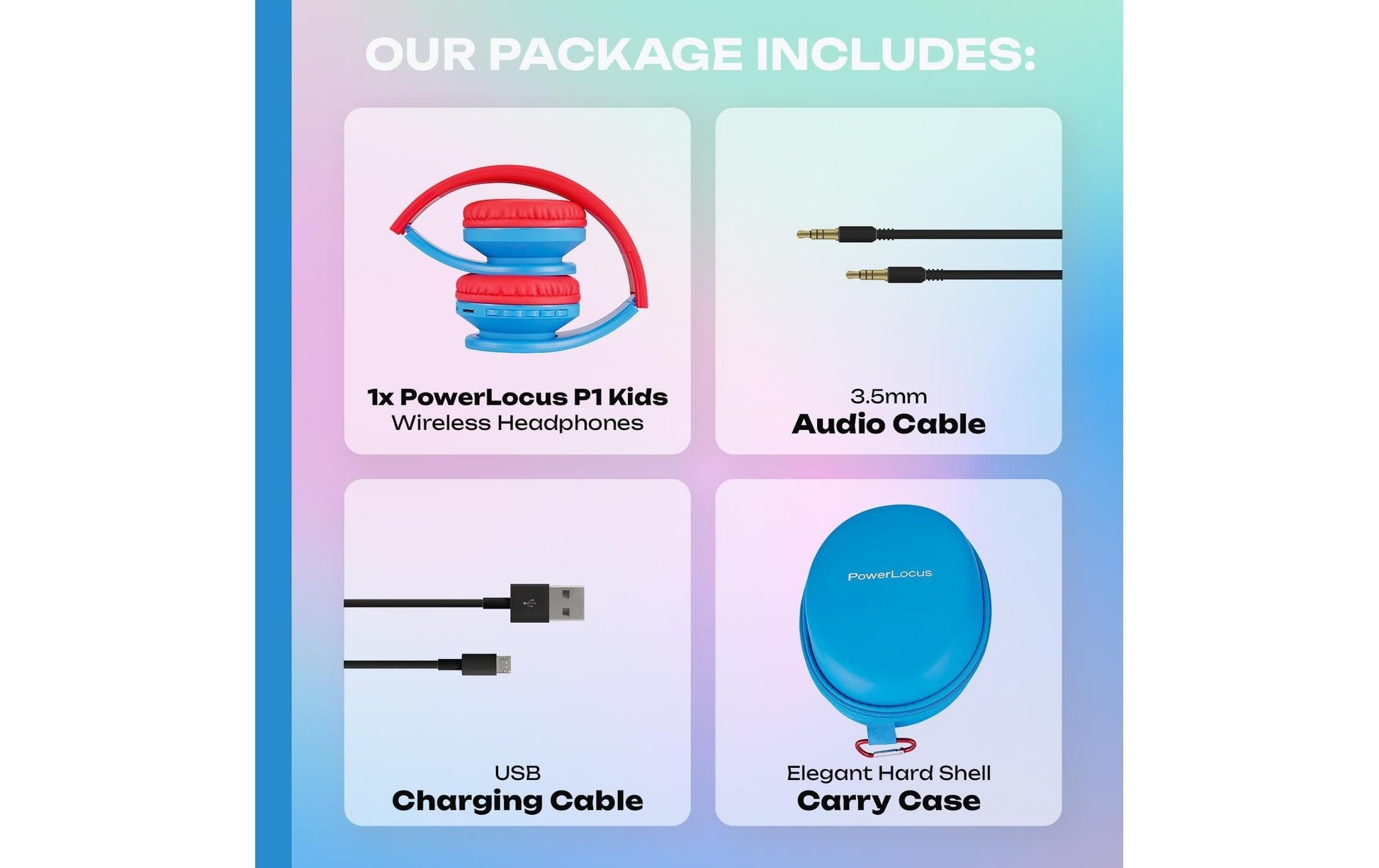 PowerLocus P1 Kids Kinderkopfhörer – Over-Ear, BT, USB-C, ANC, Blau/Rot