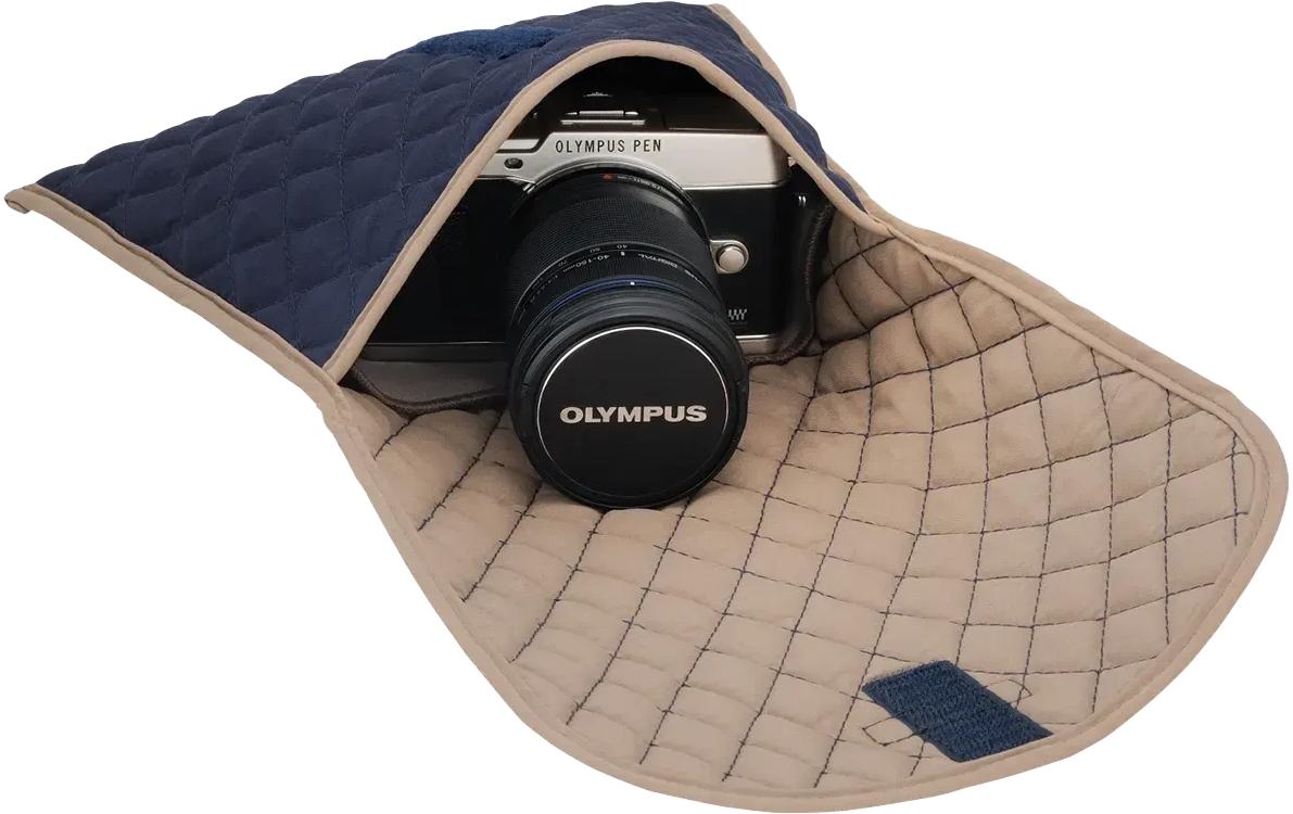 Om system Olympus CS-43 DBL Schutzhülle – Gesteppte Baumwolle – Blau/Beige – für Olympus OM-D, PEN